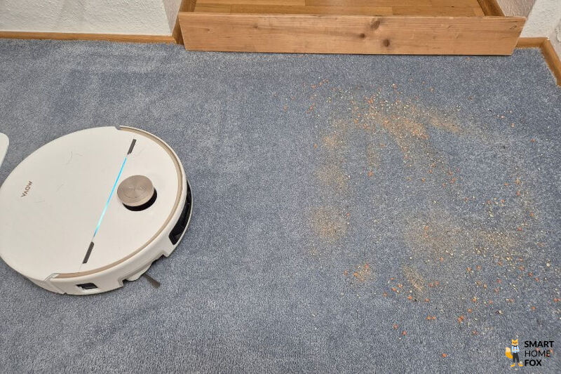 MOVA V70 Ultra Complete nach Sandtest auf Teppich, Nahaufnahme des Testergebnisses